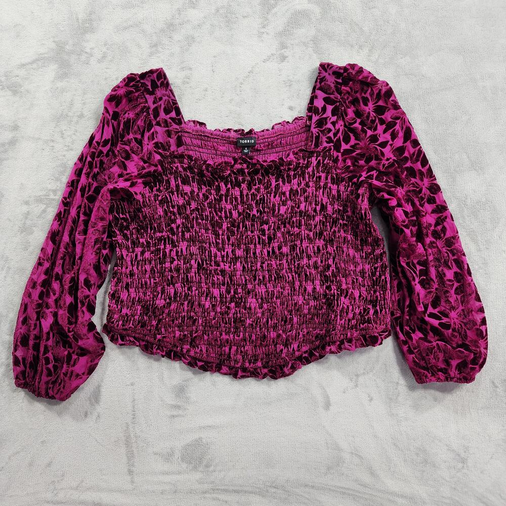 Torrid Top Womens 4X Pink Floral Velvet Smocked Square Neck Long Sleeve Goth